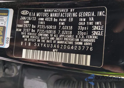 2013 Kia Sorento Ex из США, поврежденный, VIN 5XYKU3A62DG423776